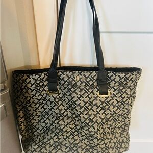 Tommy Hilfiger Black and Cream Patterned Tote Bag